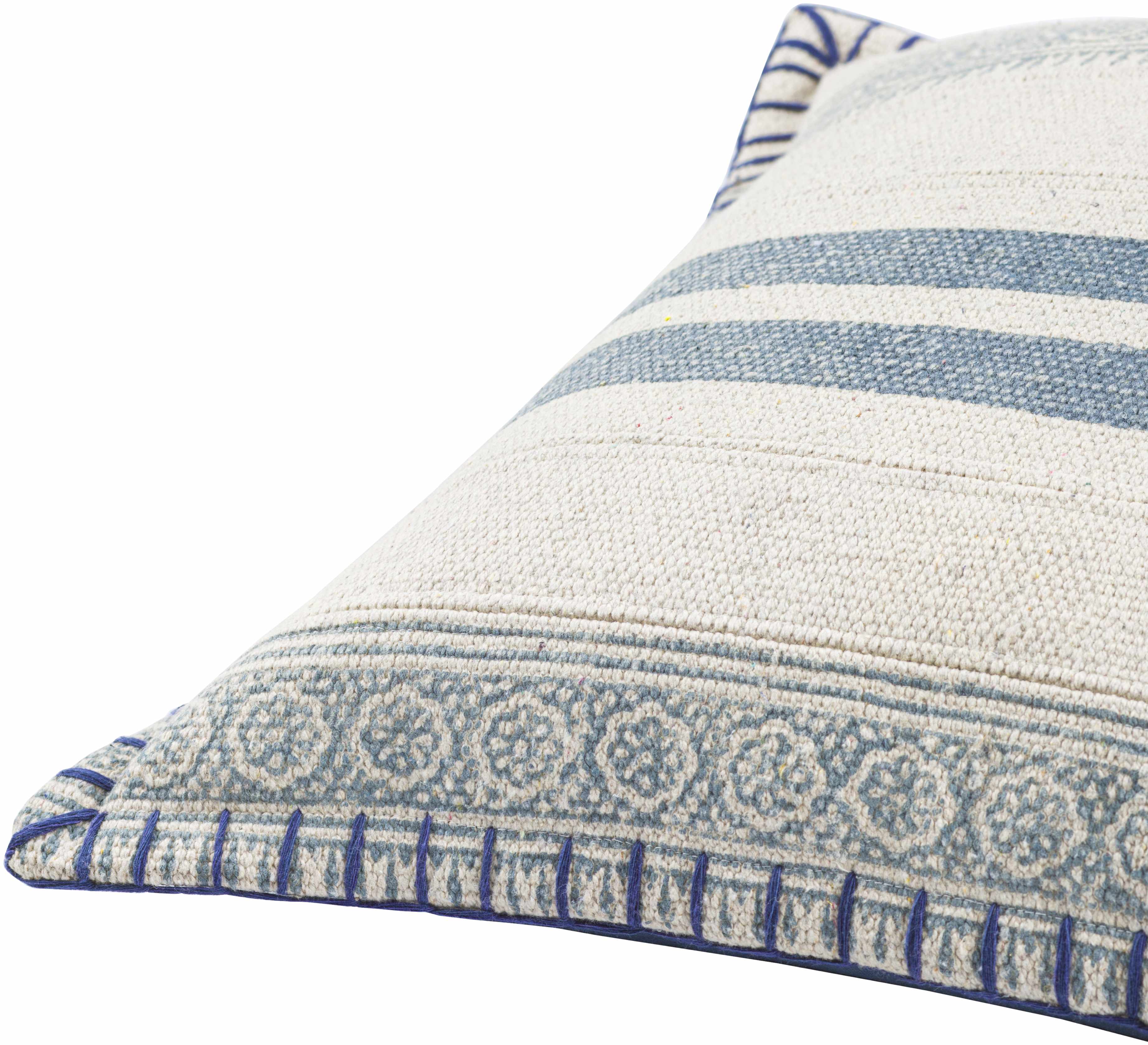 Square woven cotton throw pillow cover featuring a cream navy and pale blue bohemian design — view 5