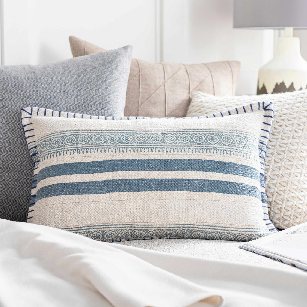 Square woven cotton throw pillow cover featuring a cream navy and pale blue bohemian design — view 4