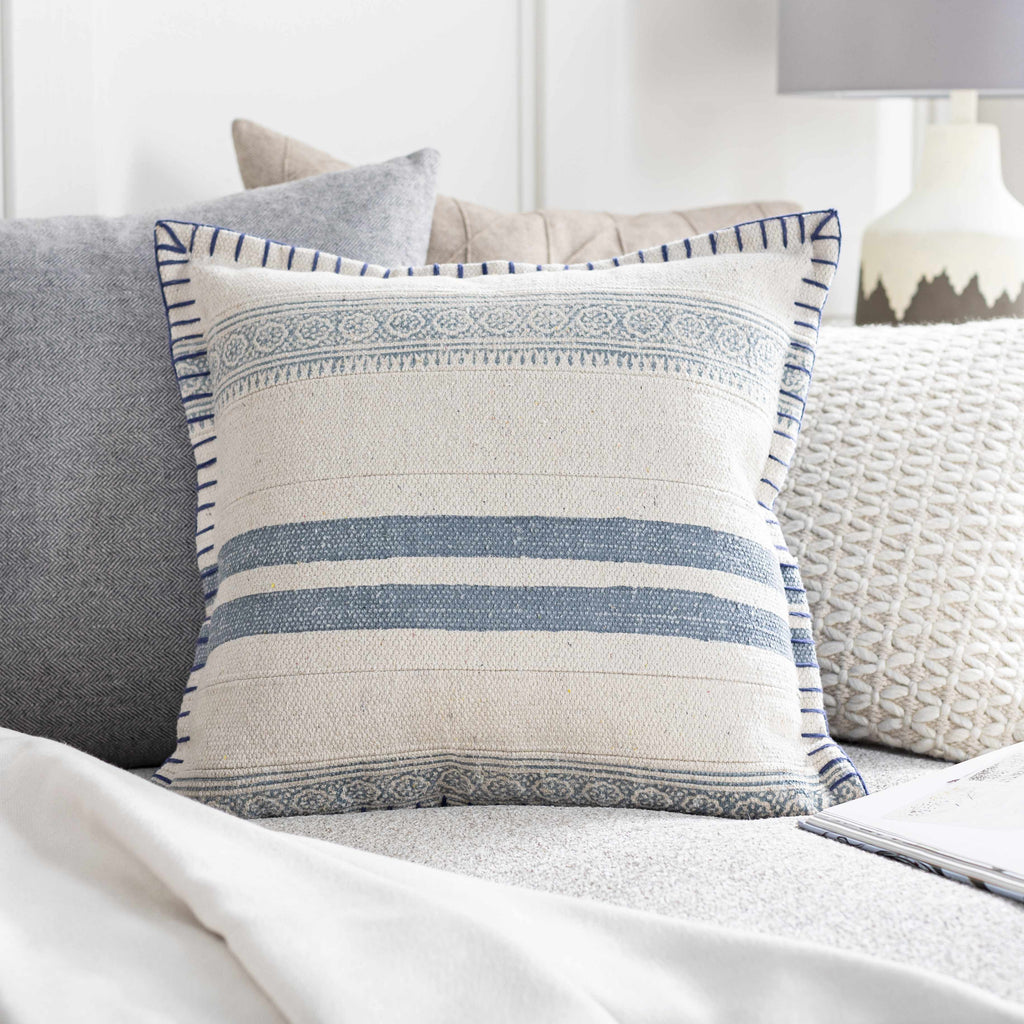 Square woven cotton throw pillow cover featuring a cream navy and pale blue bohemian design — view 2