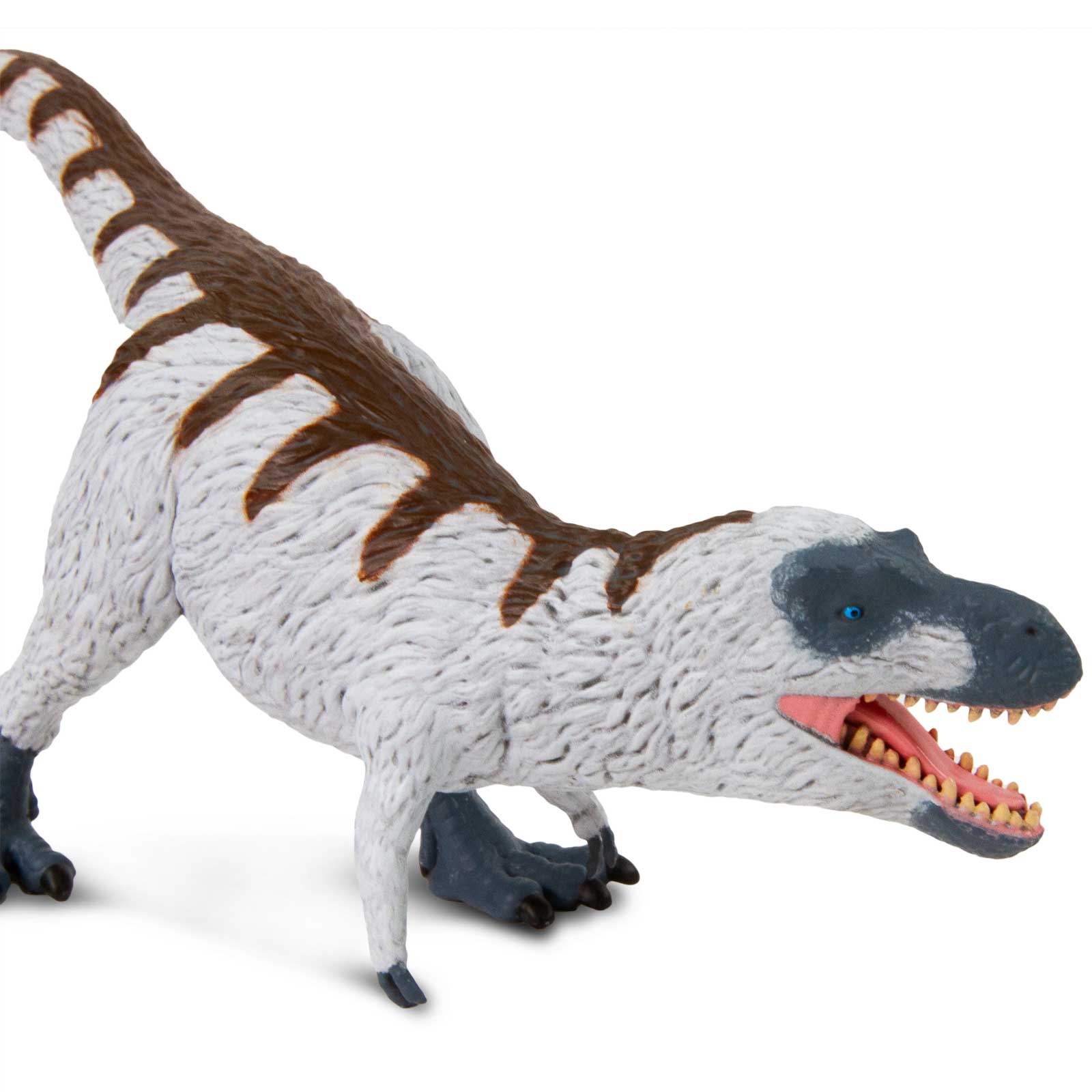 Nanuqsaurus toy dinosaur figure with white feathers and blue-gray skin in a dynamic standing pose — view 4