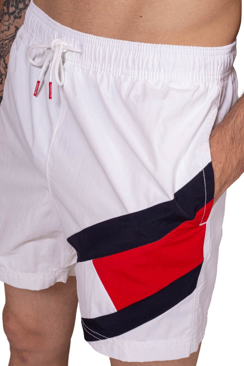 Men's white colorblock flag swim shorts in technical nylon with elastic waist and drawstring — view 4