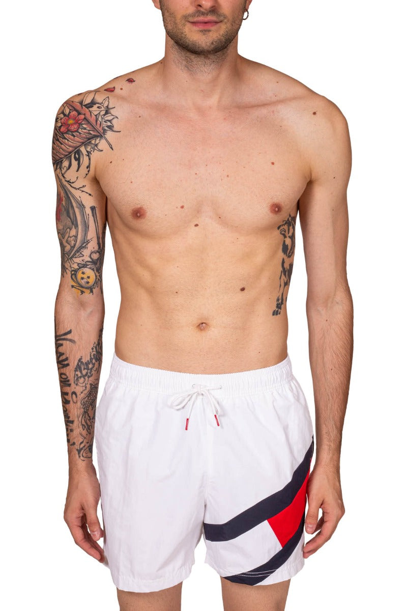 Men's white colorblock flag swim shorts in technical nylon with elastic waist and drawstring — view 2
