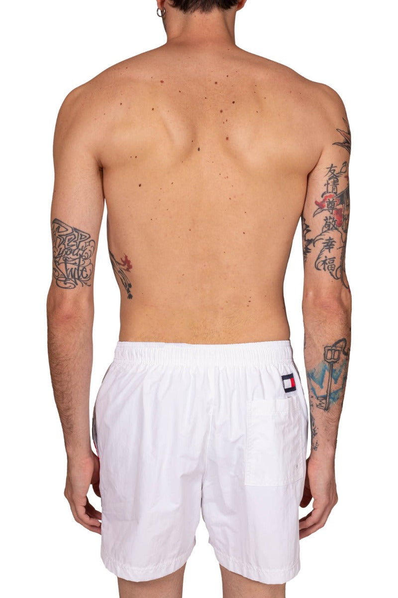 Men's white colorblock flag swim shorts in technical nylon with elastic waist and drawstring — view 3