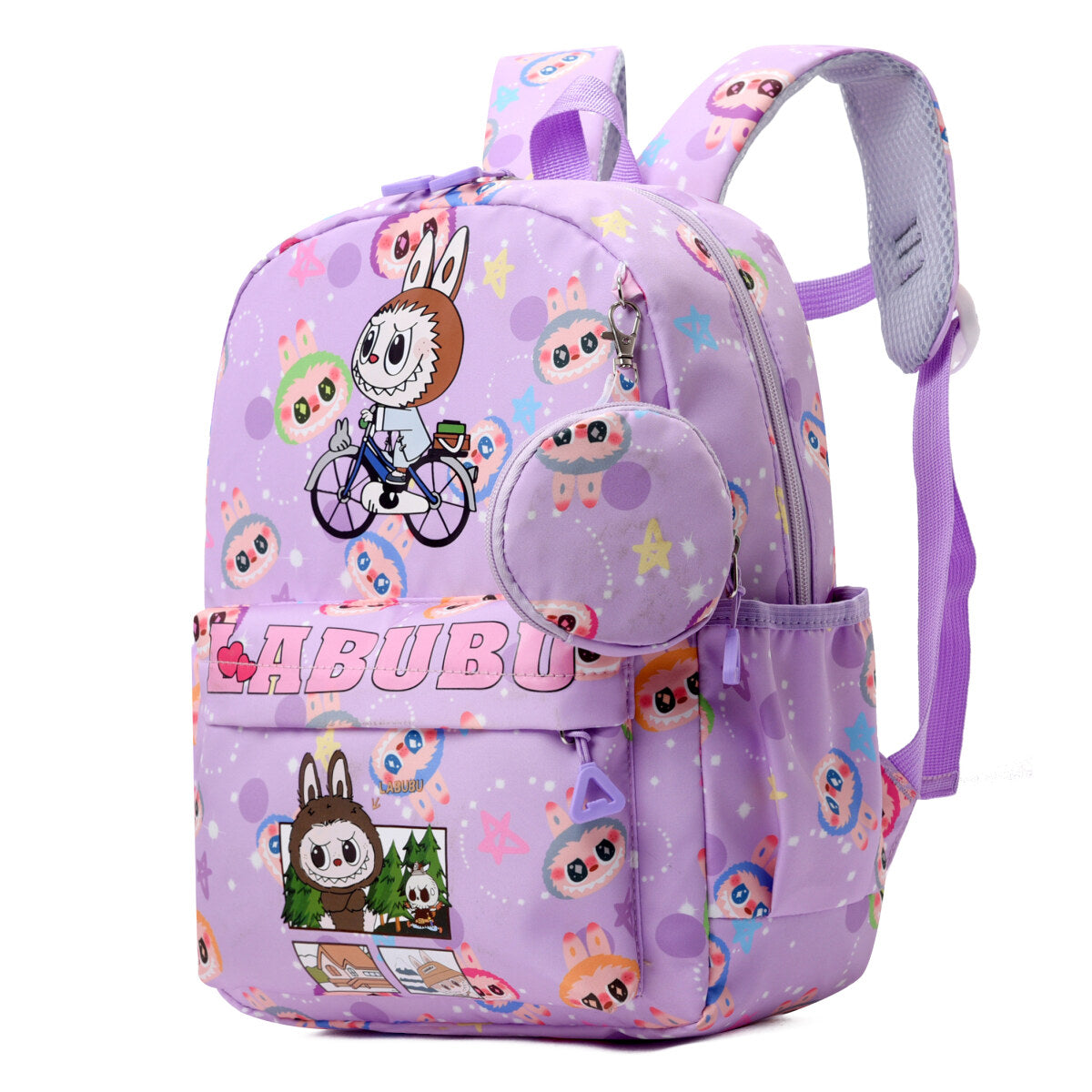 Colorful water-repellent Labubu kids backpack with plush details and adjustable ergonomic straps — view 2