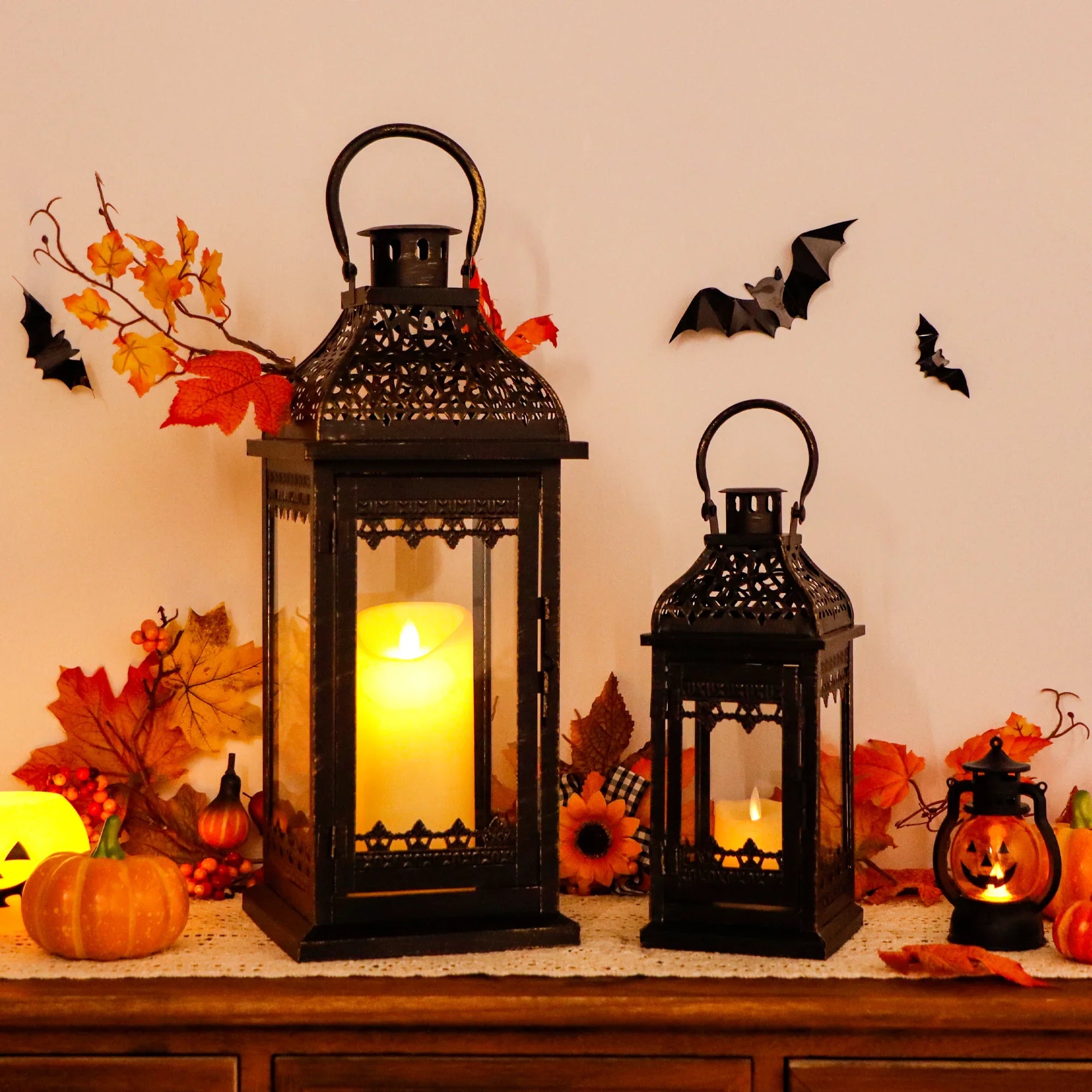 Vintage metal candle lanterns set of two with black brushed gold finish and clear tempered glass — view 5