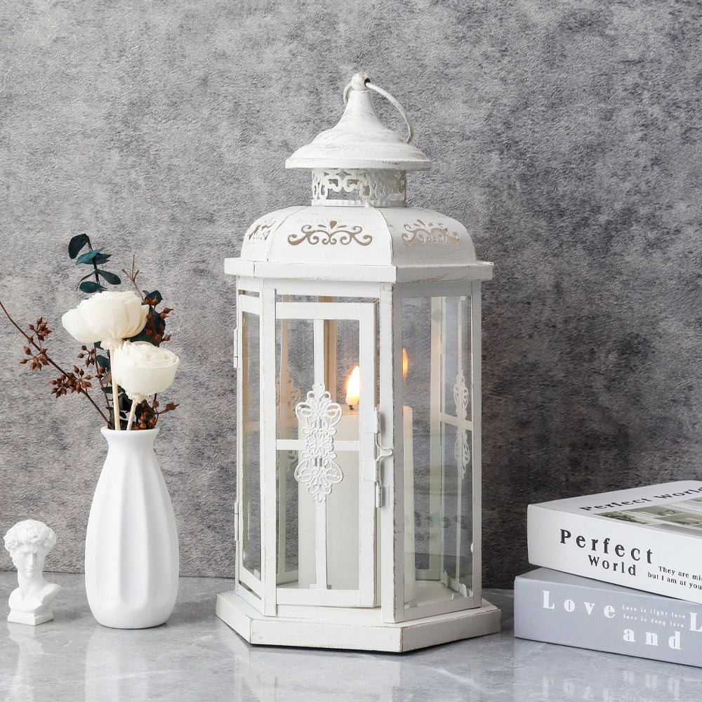 White and gold distressed 12-inch hexagon metal candle lantern with tempered glass panels — view 2
