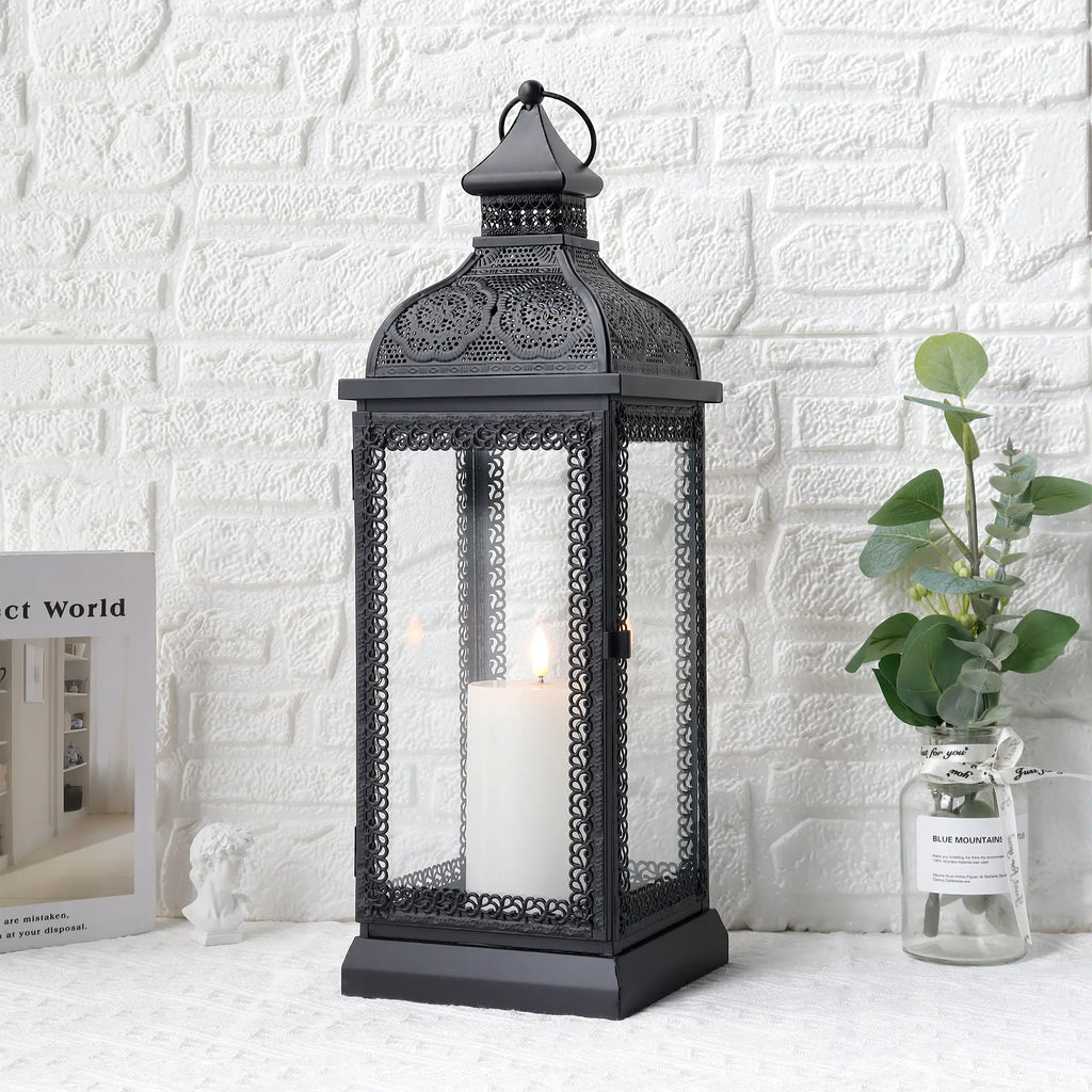 19 inch tall black rustic metal candle lantern with tempered glass panels and top hanging ring