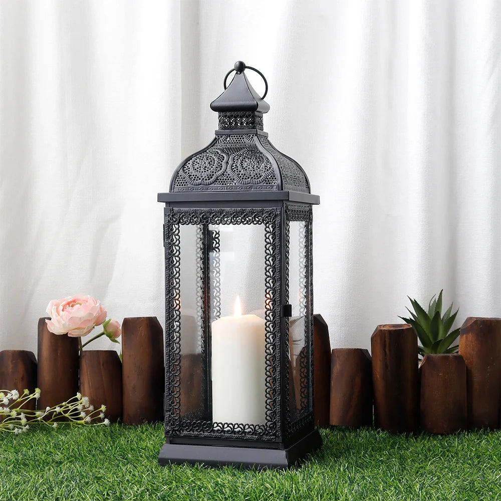 19 inch tall black rustic metal candle lantern with tempered glass panels and top hanging ring — view 2