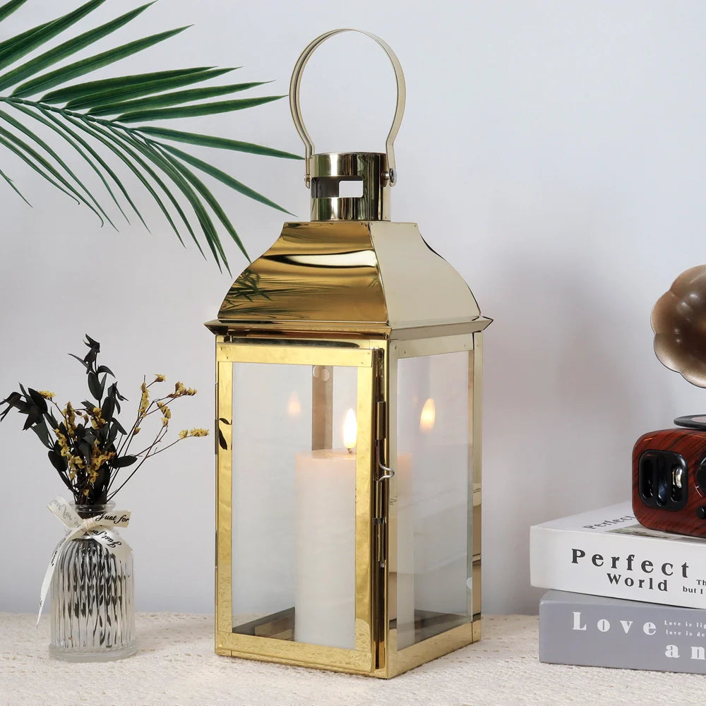 Gold stainless steel 12.5-inch decorative square candle lantern with toughened glass panels and top handle