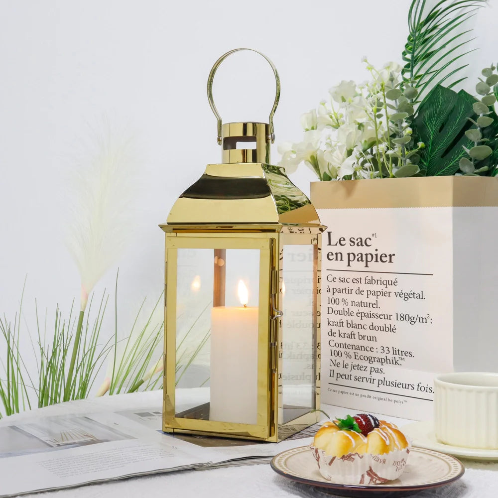 Gold stainless steel 12.5-inch decorative square candle lantern with toughened glass panels and top handle — view 2