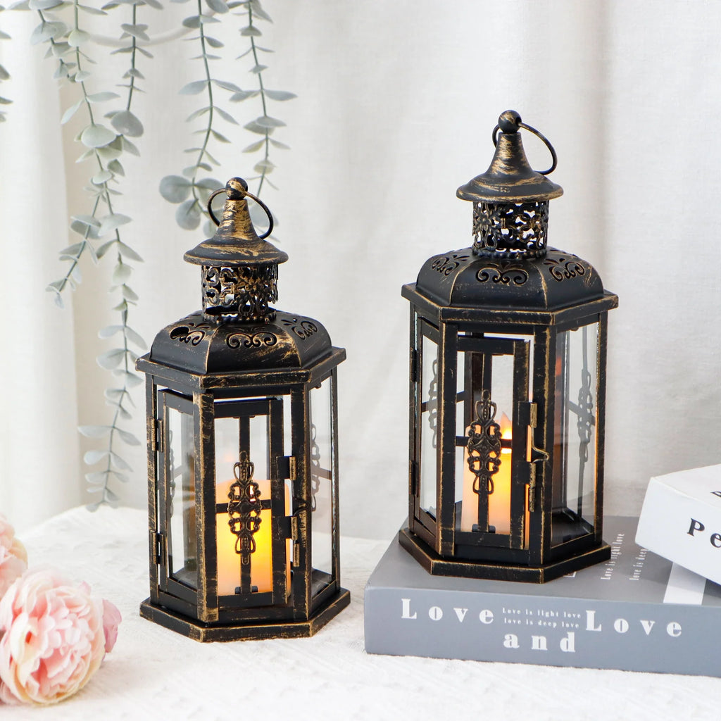 Vintage hanging candle lanterns set of two in distressed white metal and tempered clear glass panes — view 2