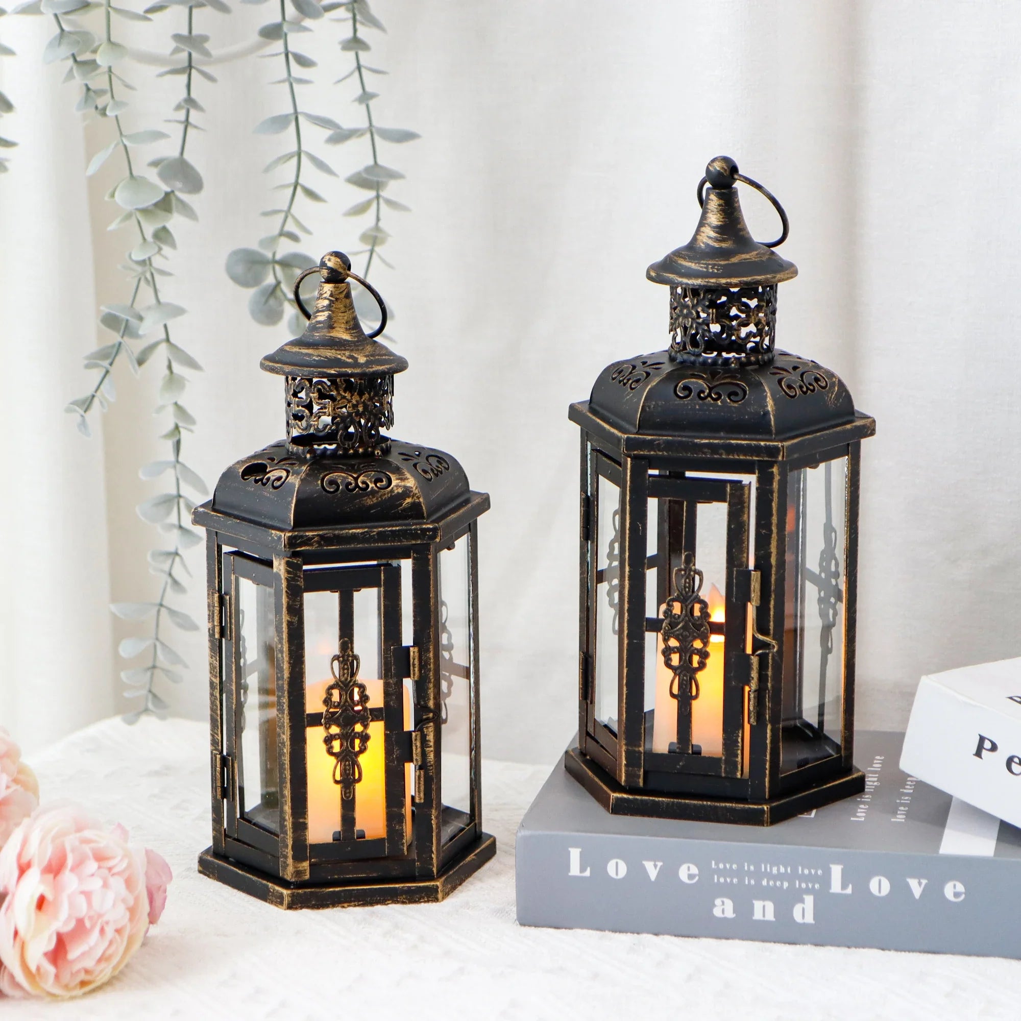 Vintage hanging candle lanterns set of two in distressed white metal and tempered clear glass panes — view 2