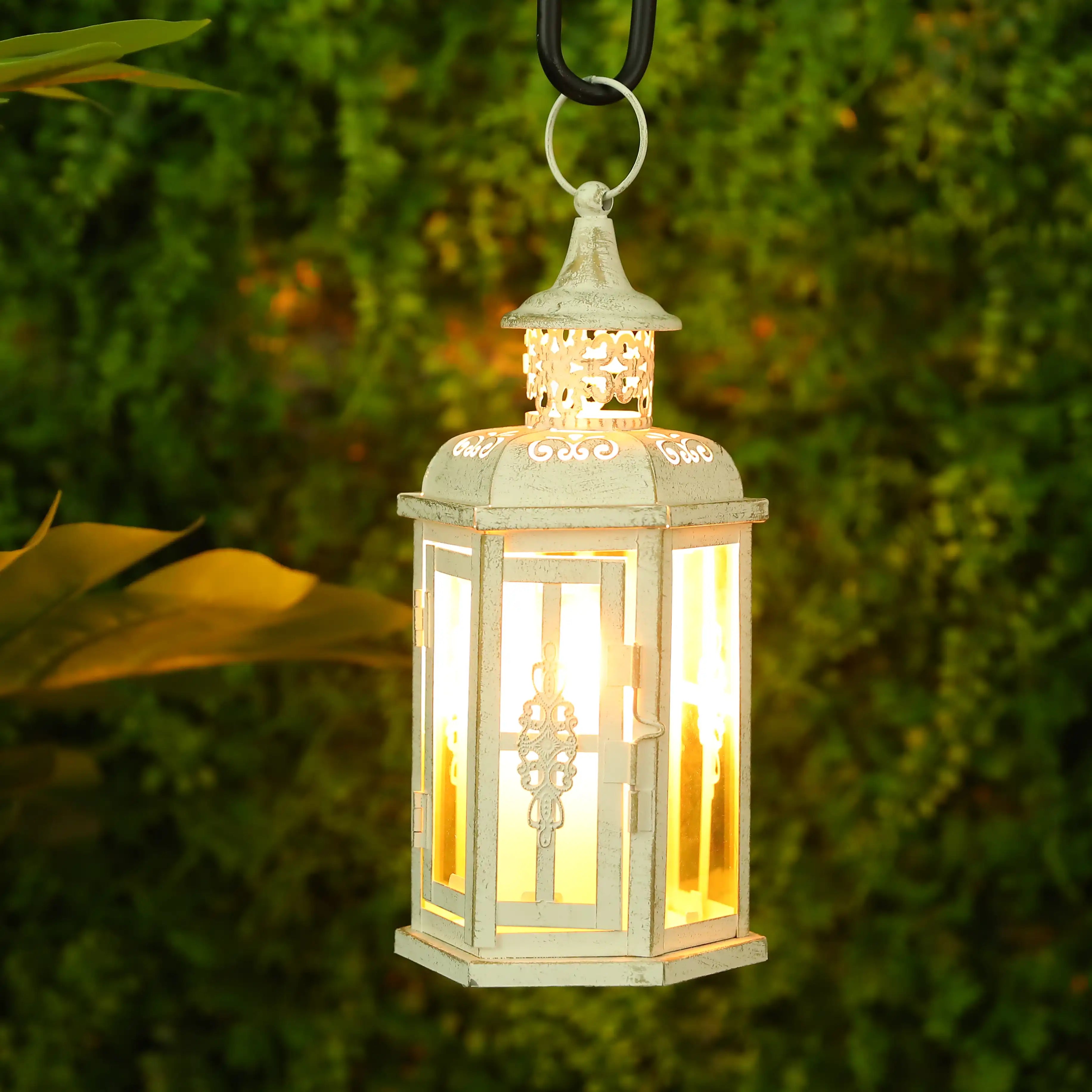 10 inch vintage style hanging metal candle lantern with clear tempered glass panes