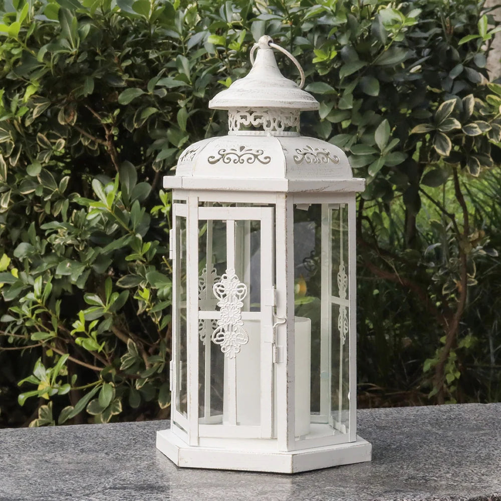 White and gold distressed 12-inch hexagon metal candle lantern with tempered glass panels — view 3