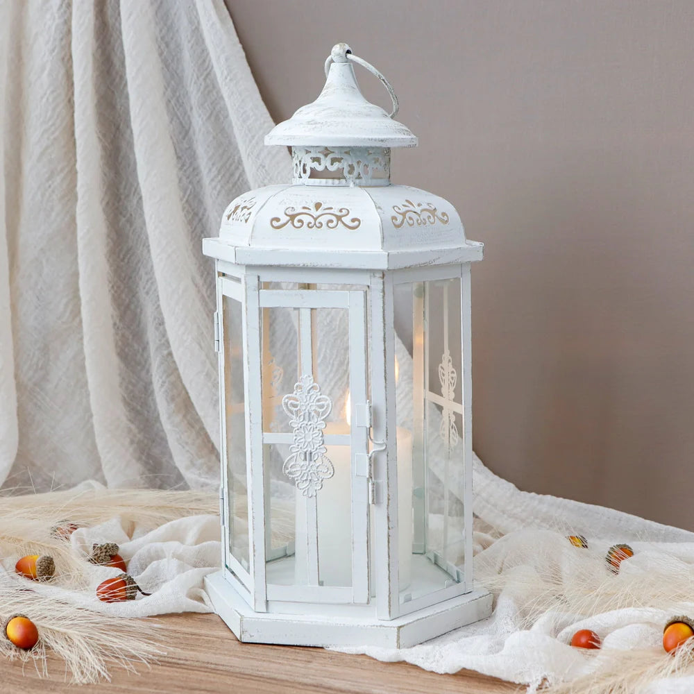 White and gold distressed 12-inch hexagon metal candle lantern with tempered glass panels — view 4
