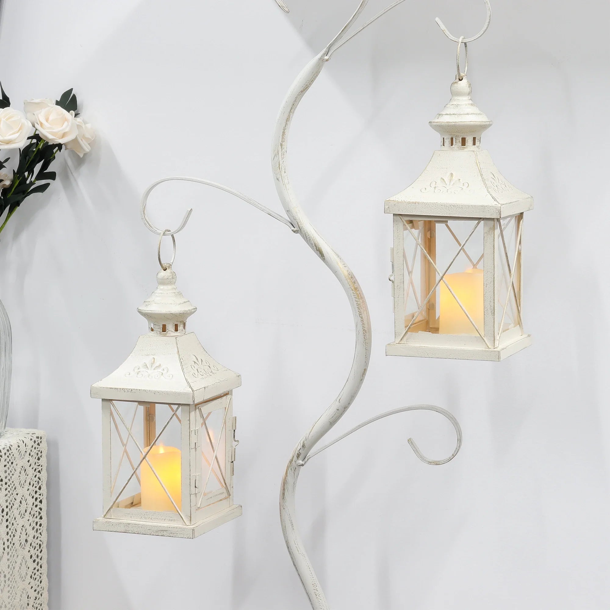 Set of two 11-inch white and gold brushed metal decorative candle lanterns with tempered glass panels — view 2
