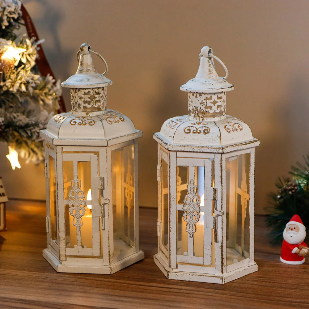 Vintage hanging candle lanterns set of two in distressed white metal and tempered clear glass panes — view 3