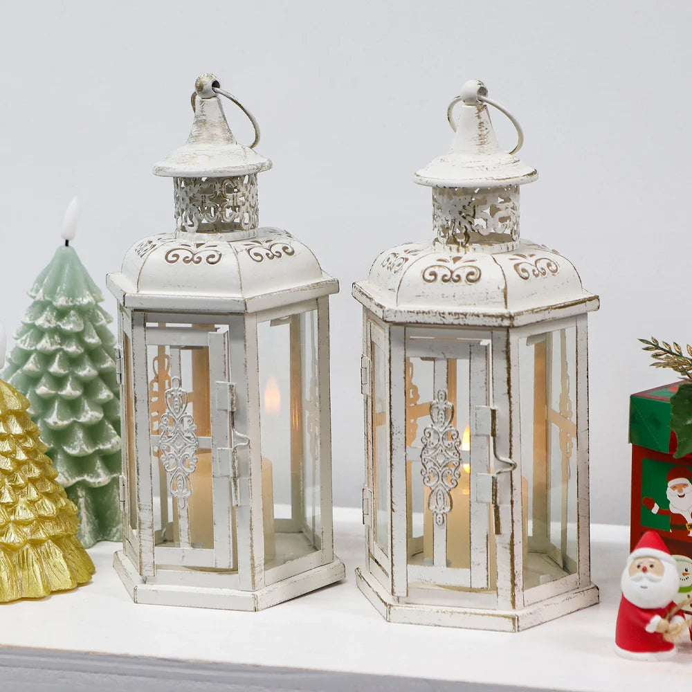 Vintage hanging candle lanterns set of two in distressed white metal and tempered clear glass panes — view 4