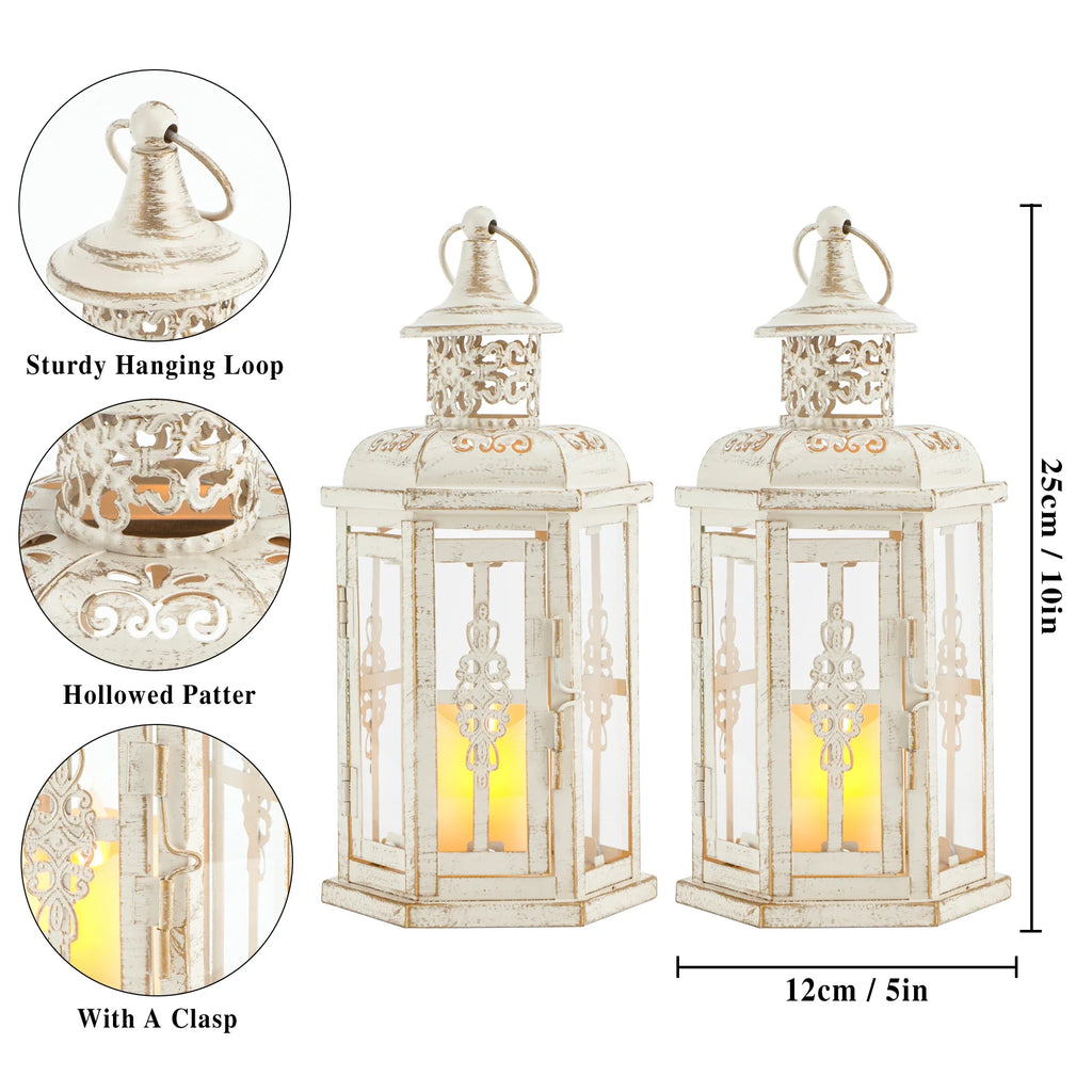 Vintage hanging candle lanterns set of two in distressed white metal and tempered clear glass panes — view 5