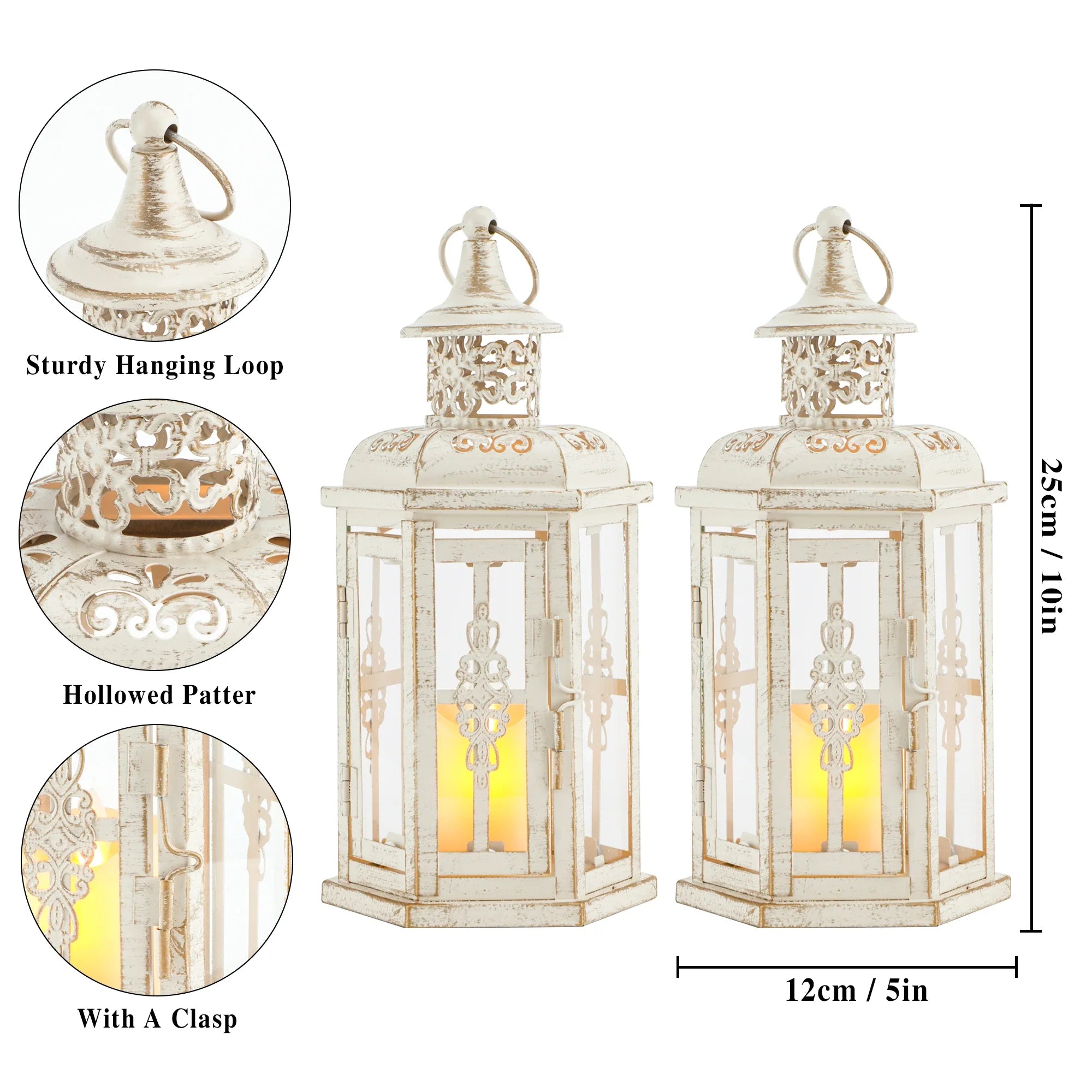 Vintage hanging candle lanterns set of two in distressed white metal and tempered clear glass panes — view 5