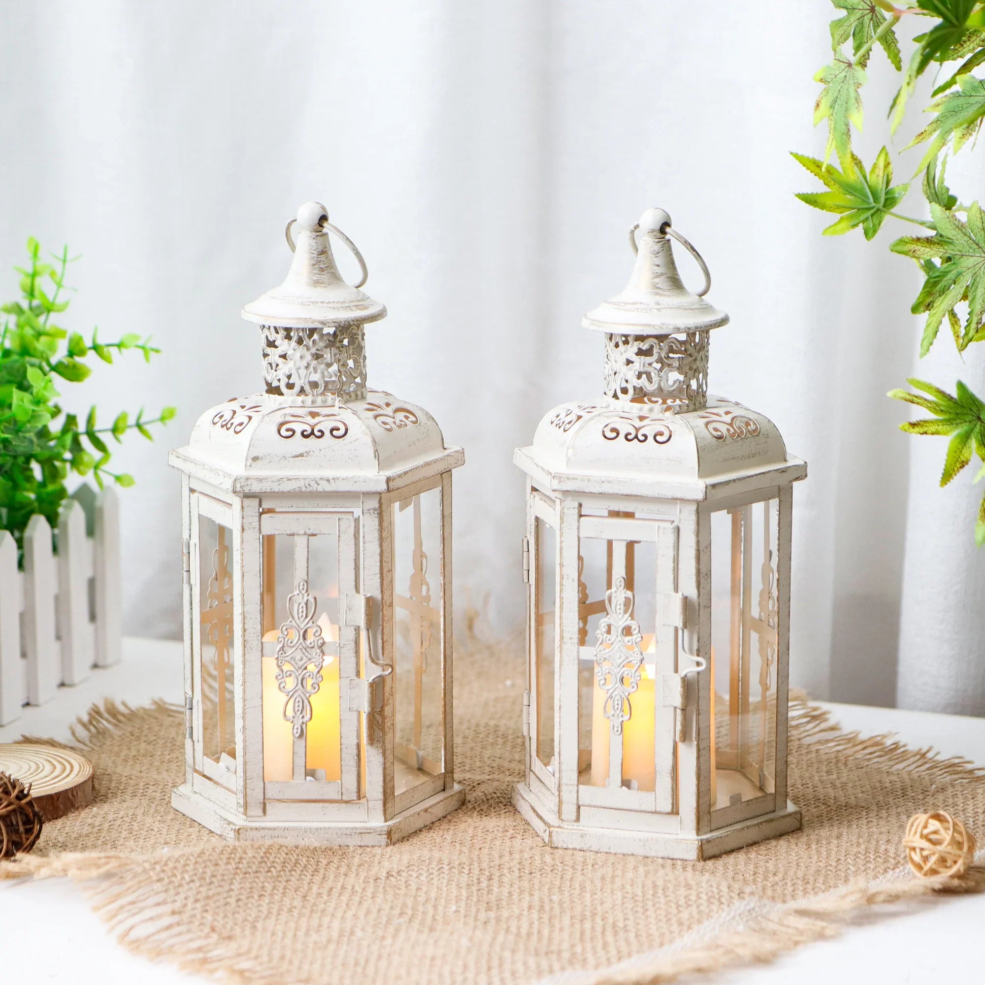 Vintage hanging candle lanterns set of two in distressed white metal and tempered clear glass panes