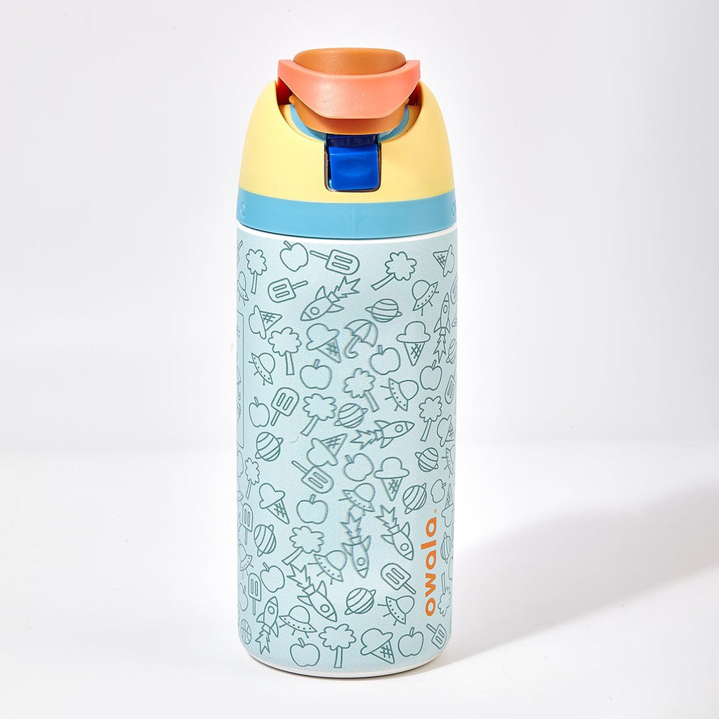 Owala kids insulated stainless steel water bottle with fun adventure illustrations and protective lid