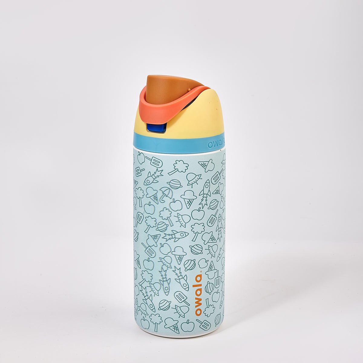 Owala kids insulated stainless steel water bottle with fun adventure illustrations and protective lid — view 2