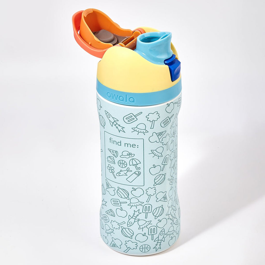 Owala kids insulated stainless steel water bottle with fun adventure illustrations and protective lid — view 3