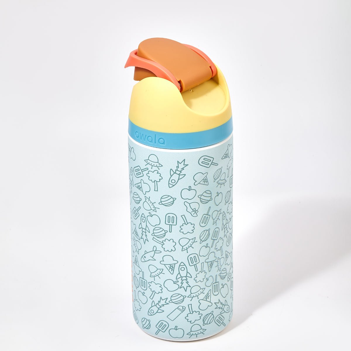 Owala kids insulated stainless steel water bottle with fun adventure illustrations and protective lid — view 4