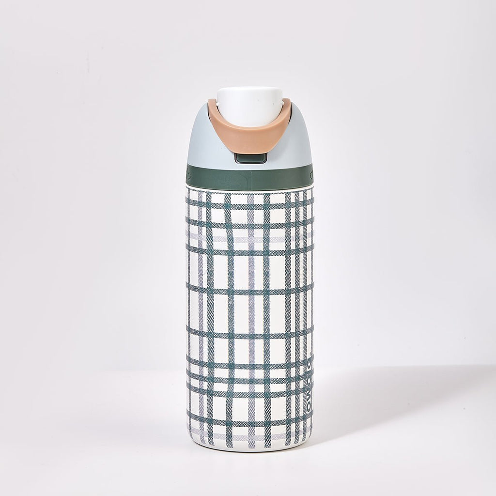 Kids stainless steel water bottle in a plaid pattern with leakproof FreeSip straw lid
