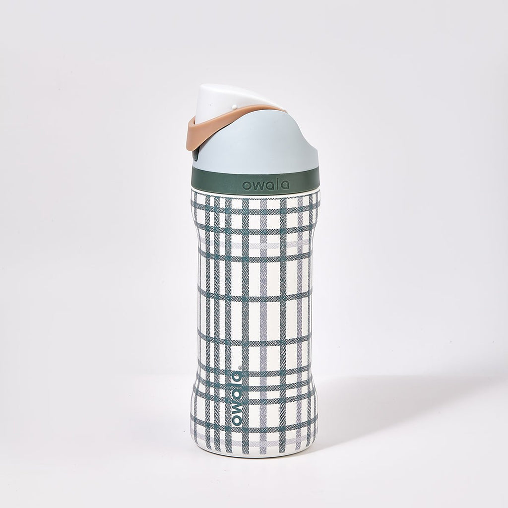 Kids stainless steel water bottle in a plaid pattern with leakproof FreeSip straw lid — view 2
