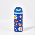 Blue Owala FreeSip kids water bottle insulated stainless steel with playful happy daisy rainbow graphics