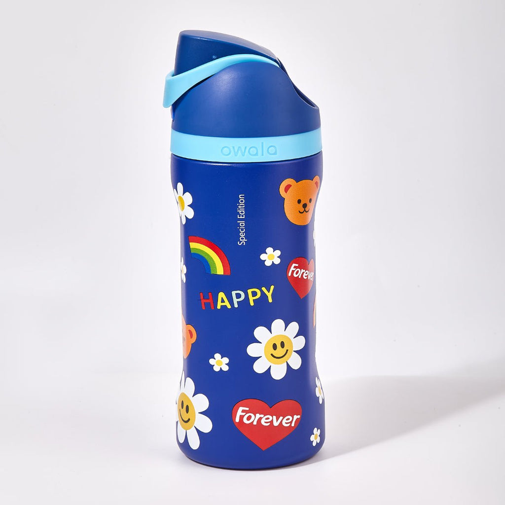 Blue Owala FreeSip kids water bottle insulated stainless steel with playful happy daisy rainbow graphics — view 2