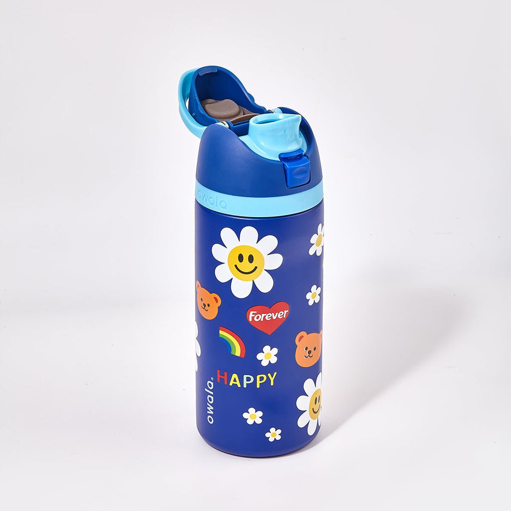 Blue Owala FreeSip kids water bottle insulated stainless steel with playful happy daisy rainbow graphics — view 3