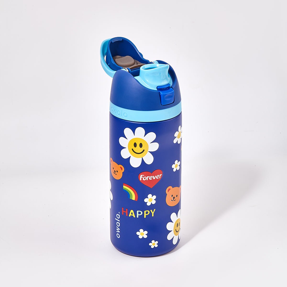 Blue Owala FreeSip kids water bottle insulated stainless steel with playful happy daisy rainbow graphics — view 3
