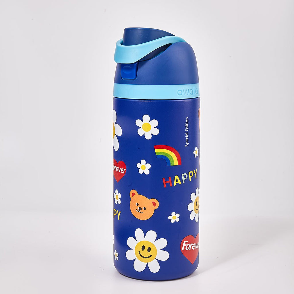 Blue Owala FreeSip kids water bottle insulated stainless steel with playful happy daisy rainbow graphics — view 4