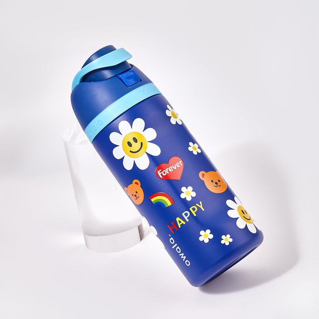 Blue Owala FreeSip kids water bottle insulated stainless steel with playful happy daisy rainbow graphics — view 5