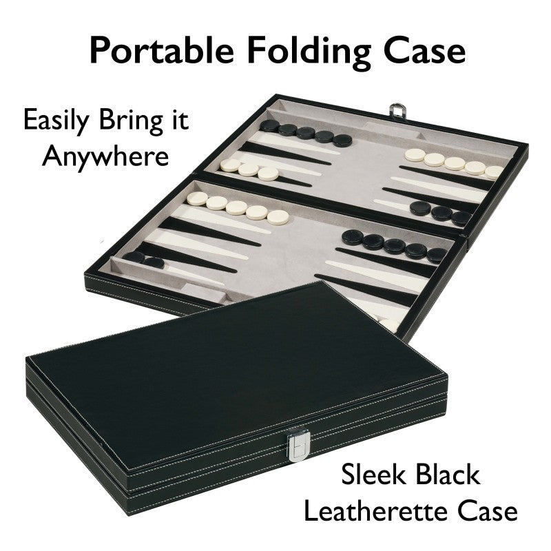 Black leatherette 15-inch travel backgammon set with felt lining, weighted pieces, and matching dice cups — view 5