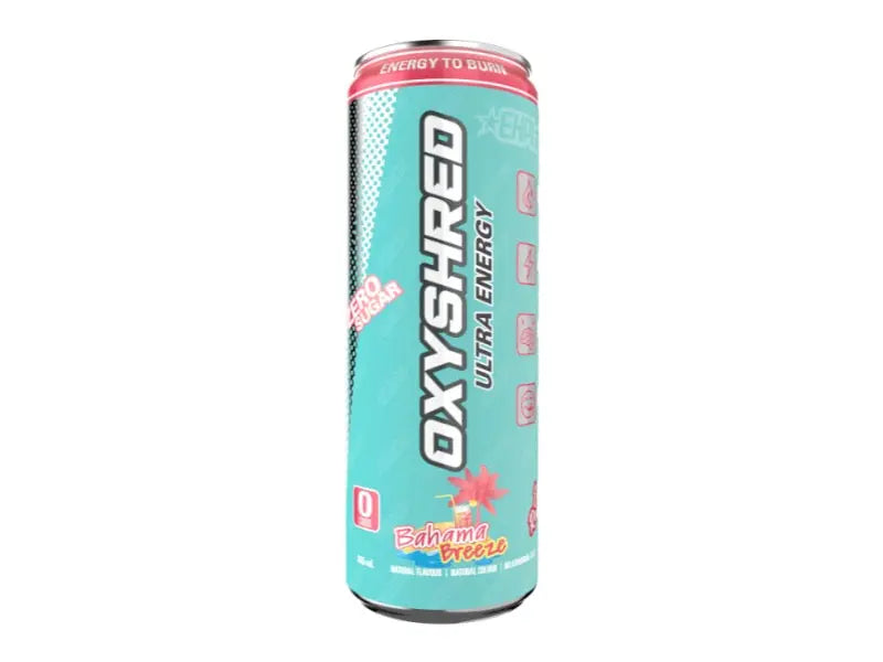 EHP Oxyshred RTD carbonated energy drink can showcasing vibrant colors and thermogenic pre-workout benefits — view 4