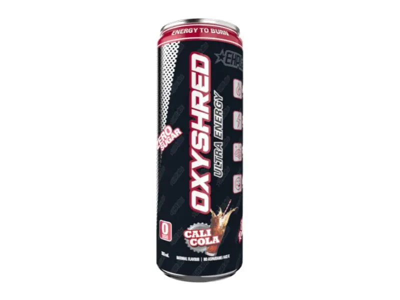 EHP Oxyshred RTD carbonated energy drink can showcasing vibrant colors and thermogenic pre-workout benefits — view 2
