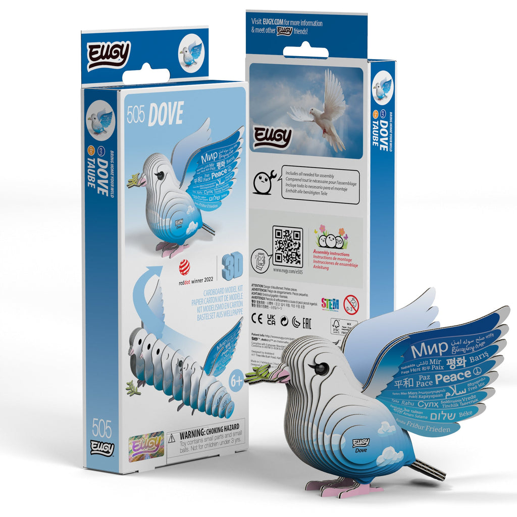 EUGY dove 3D puzzle made of eco-friendly cardboard featuring peace written on spread wings