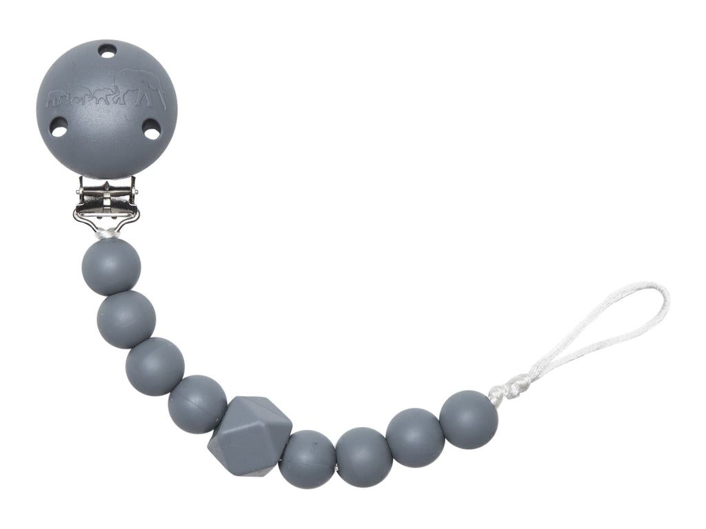 Grey chewy pacifier clip with soft textured teething beads and secure garment fastener — view 5