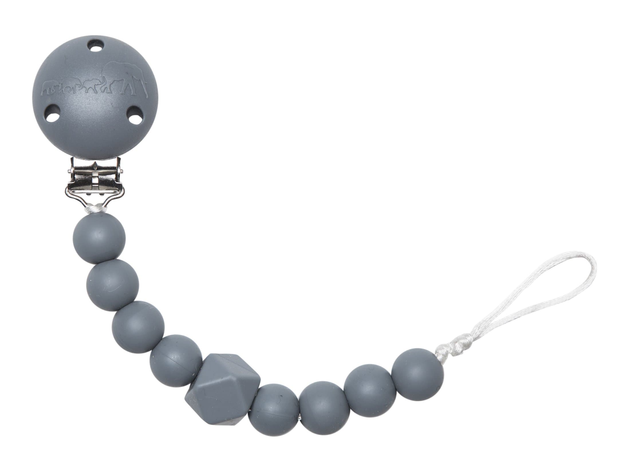 Grey chewy pacifier clip with soft textured teething beads and secure garment fastener — view 5