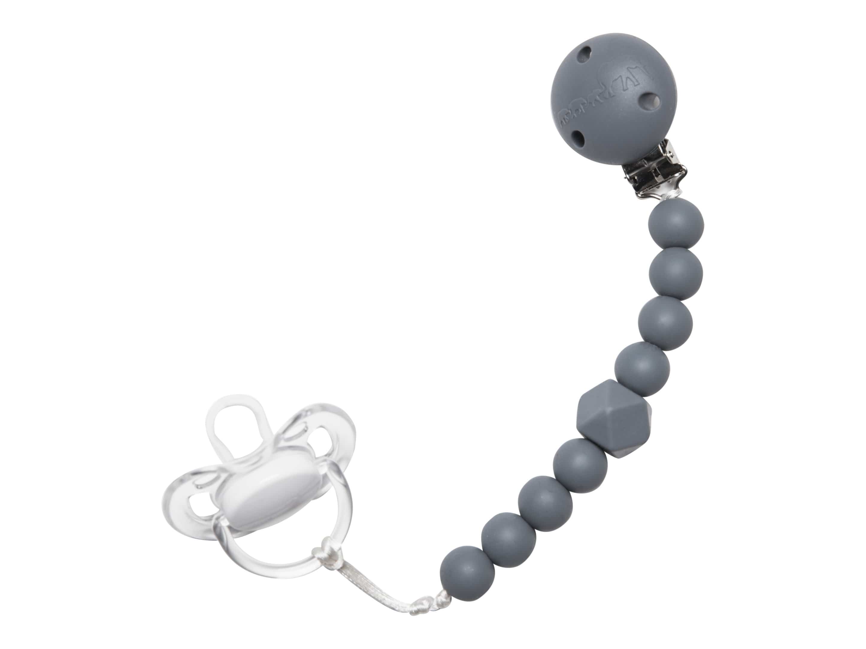 Grey chewy pacifier clip with soft textured teething beads and secure garment fastener — view 3