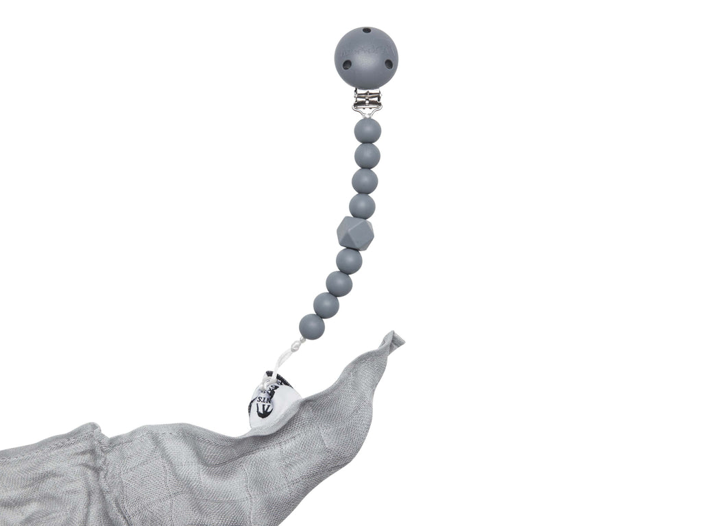 Grey chewy pacifier clip with soft textured teething beads and secure garment fastener — view 4