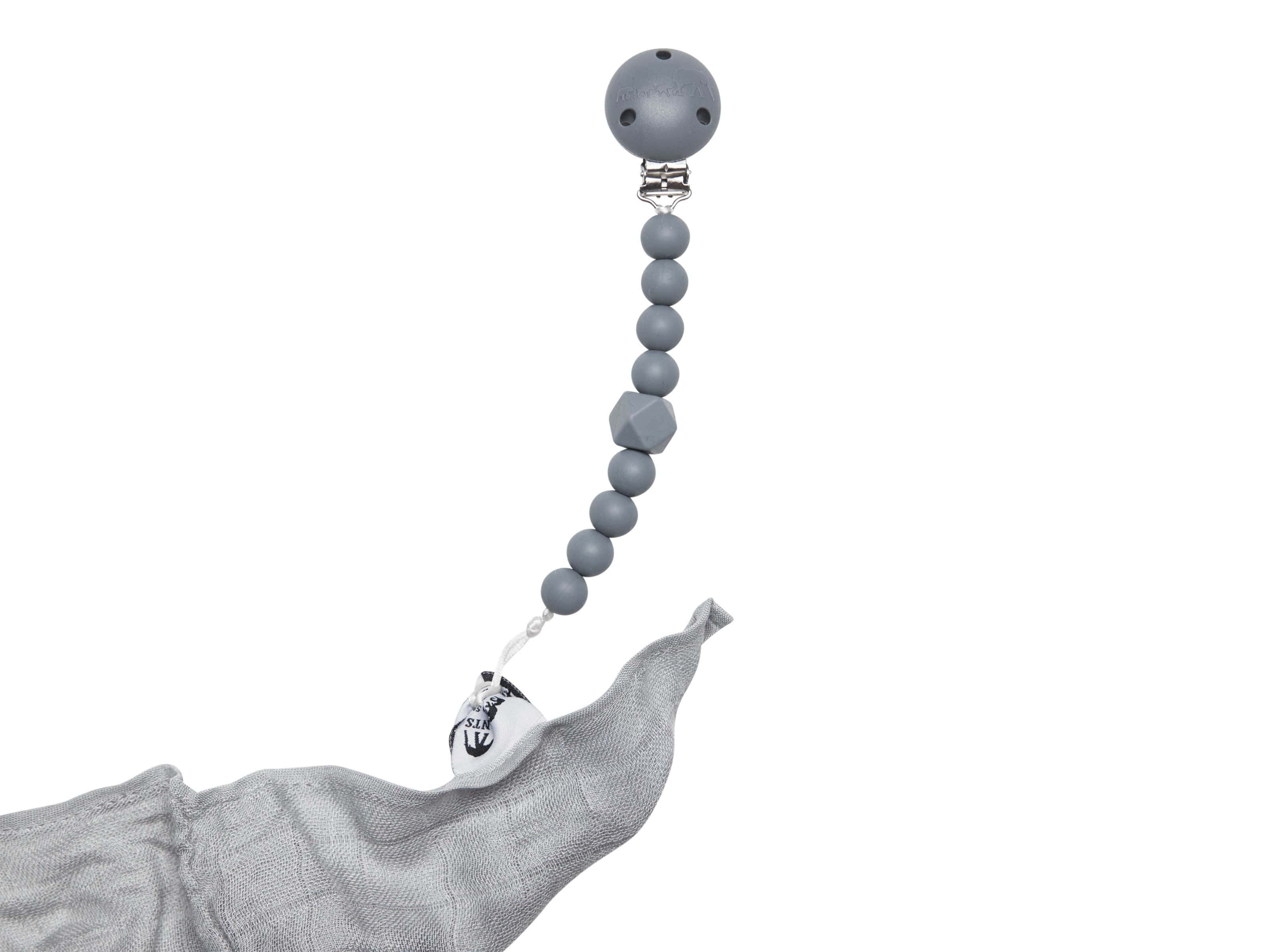 Grey chewy pacifier clip with soft textured teething beads and secure garment fastener — view 4