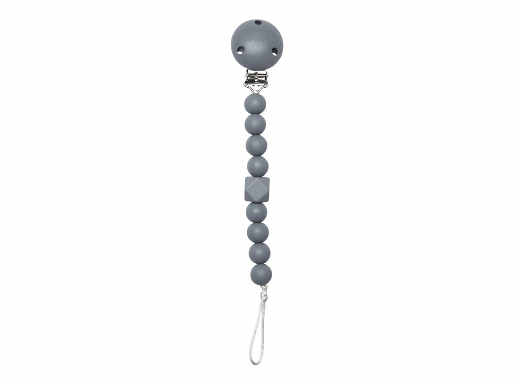Grey chewy pacifier clip with soft textured teething beads and secure garment fastener — view 2