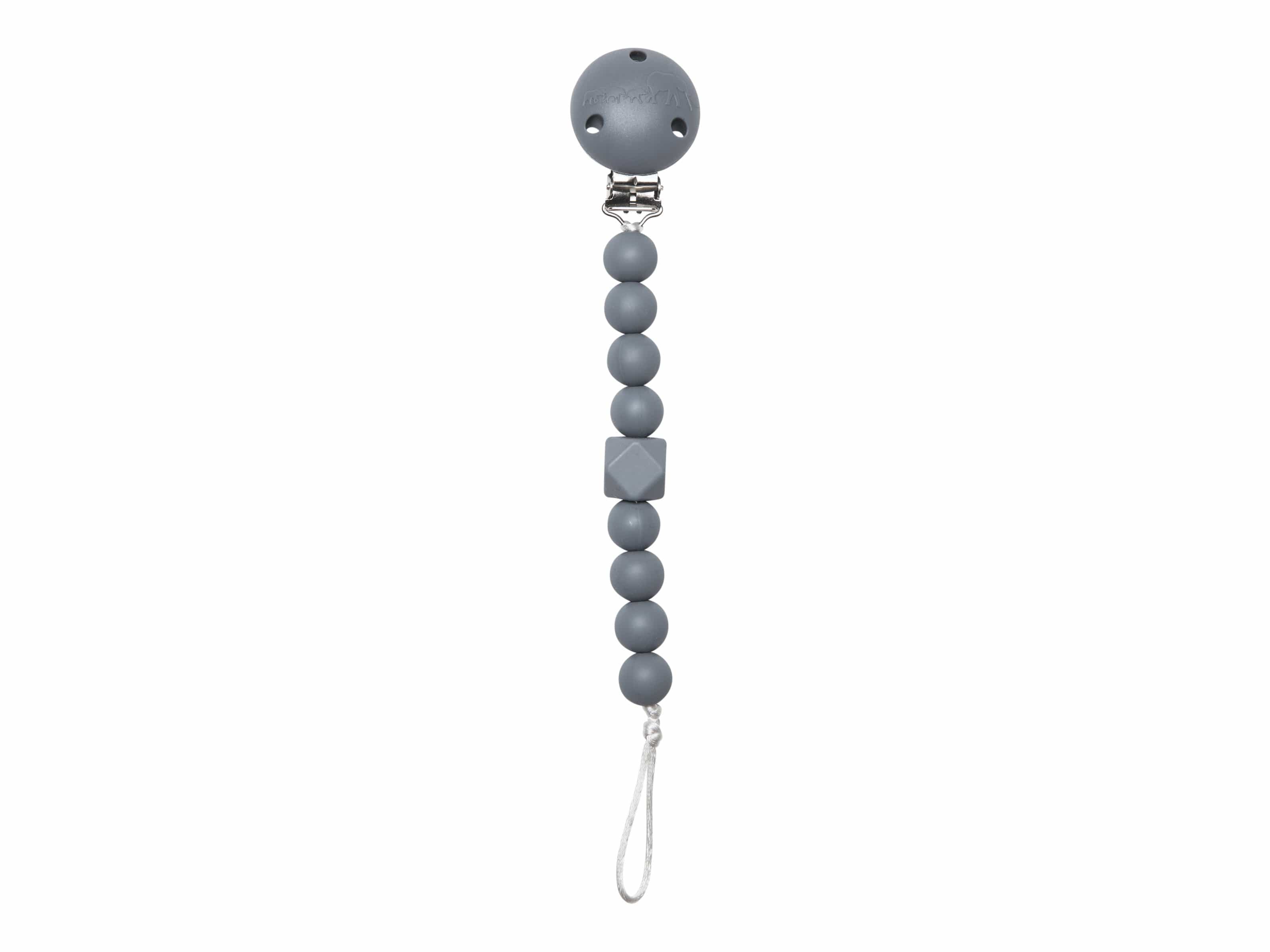 Grey chewy pacifier clip with soft textured teething beads and secure garment fastener — view 2