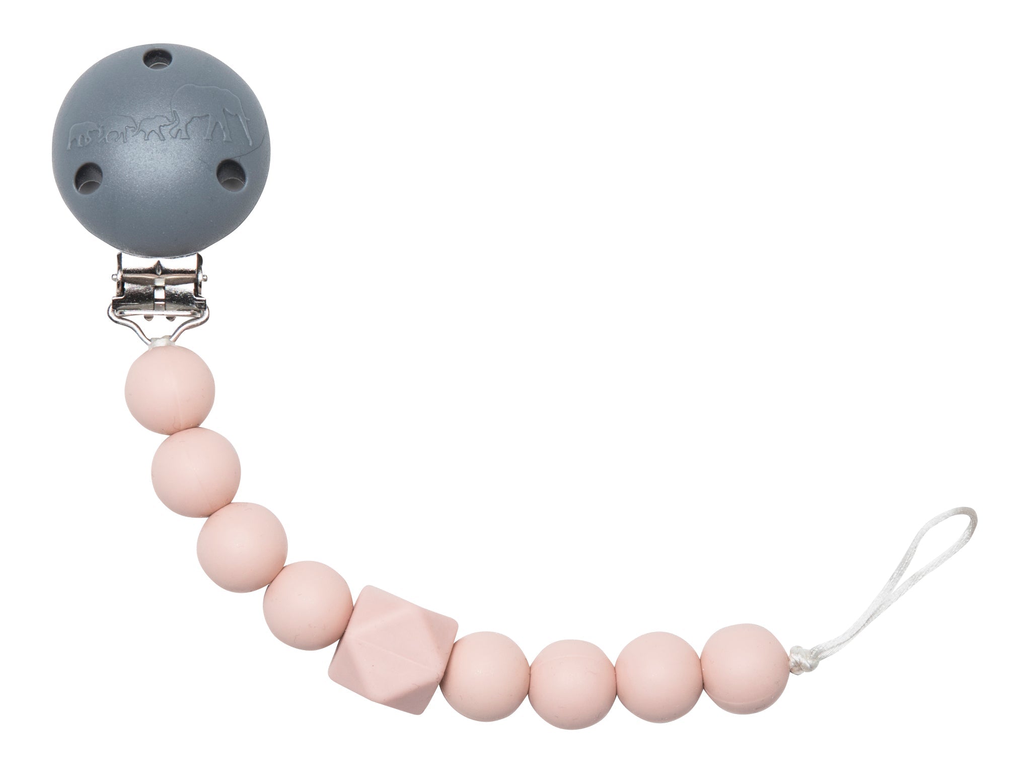 Rose pink chewy pacifier clip with soft textured teething beads and secure clothing clasp — view 3