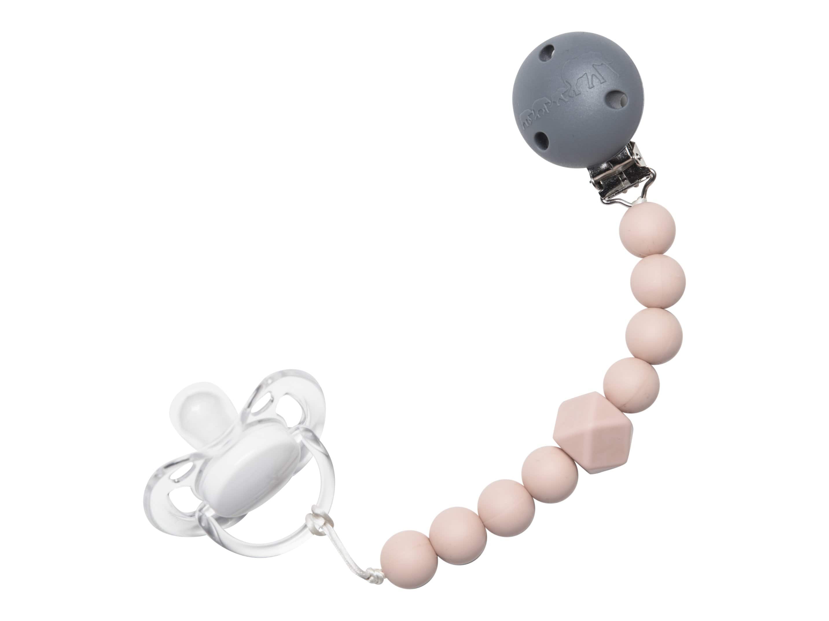 Rose pink chewy pacifier clip with soft textured teething beads and secure clothing clasp — view 4